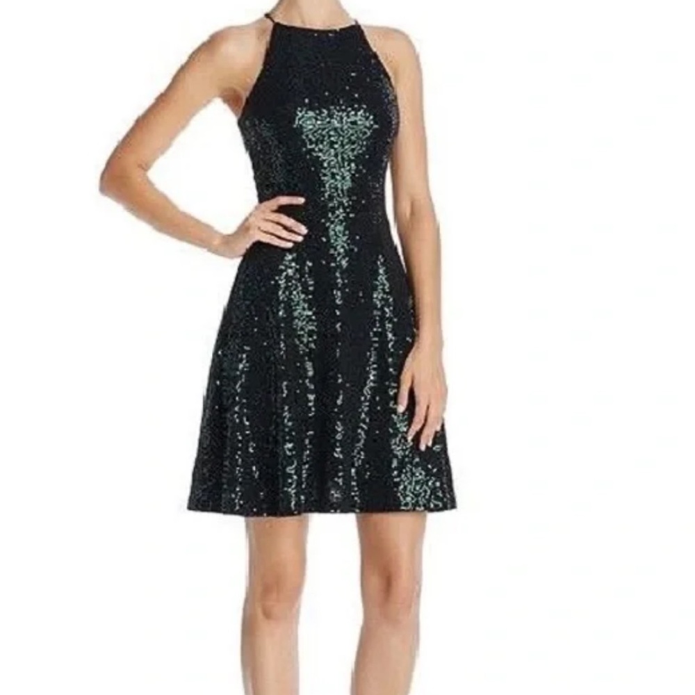 AQUA: green sequin skater dress